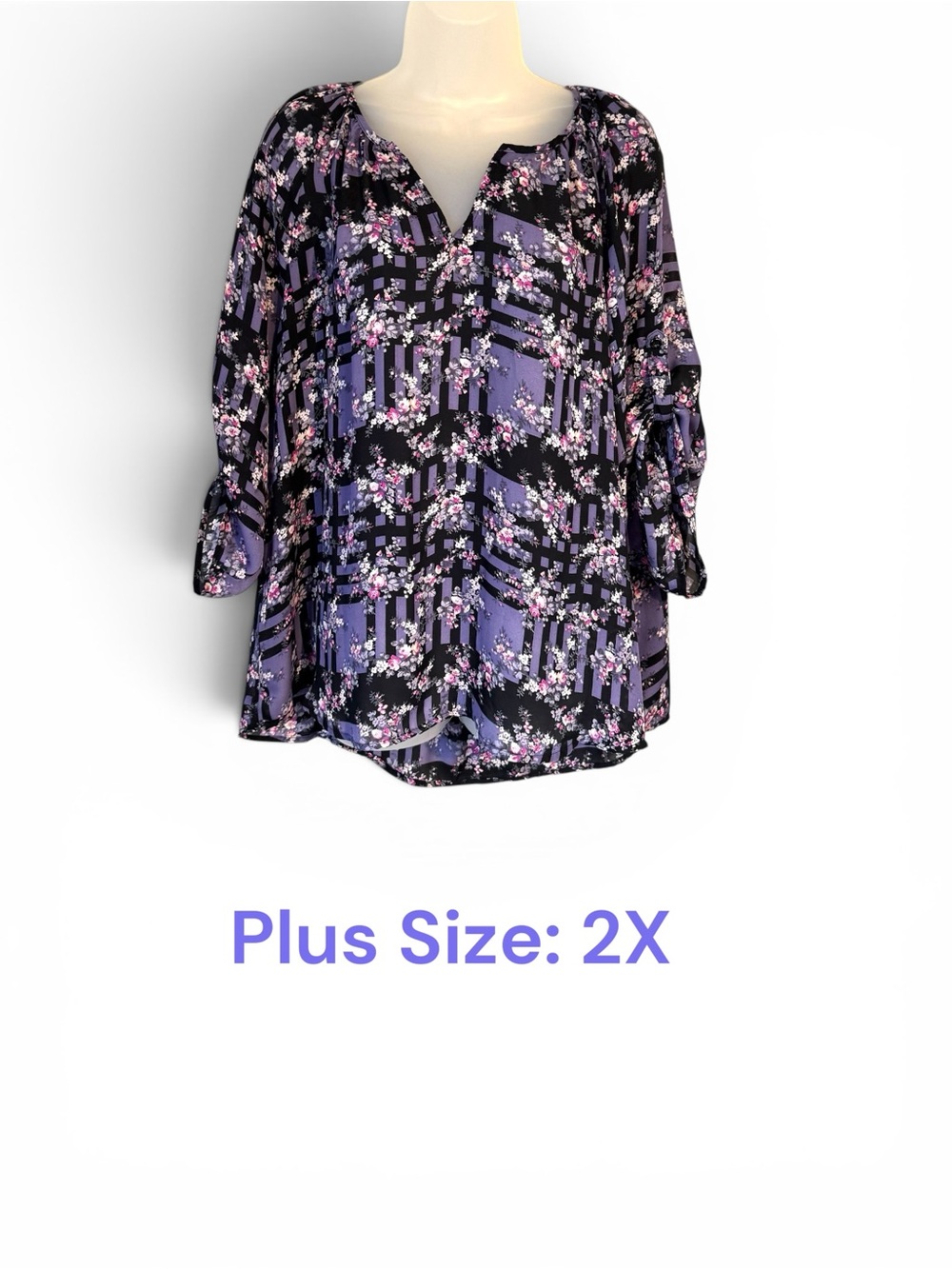 Purple and Black Floral Geometric Blouse PLUS SIZE: 2X BIN#14 - Picture 1 of 7